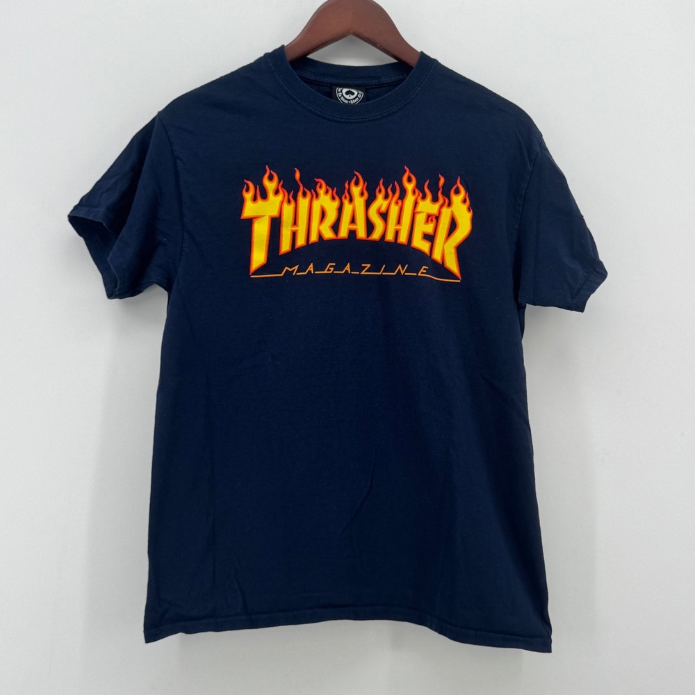 Thrasher‎ Magazine Flame Logo Navy Blue Graphic T-Shirt Mens Medium Skate Tee